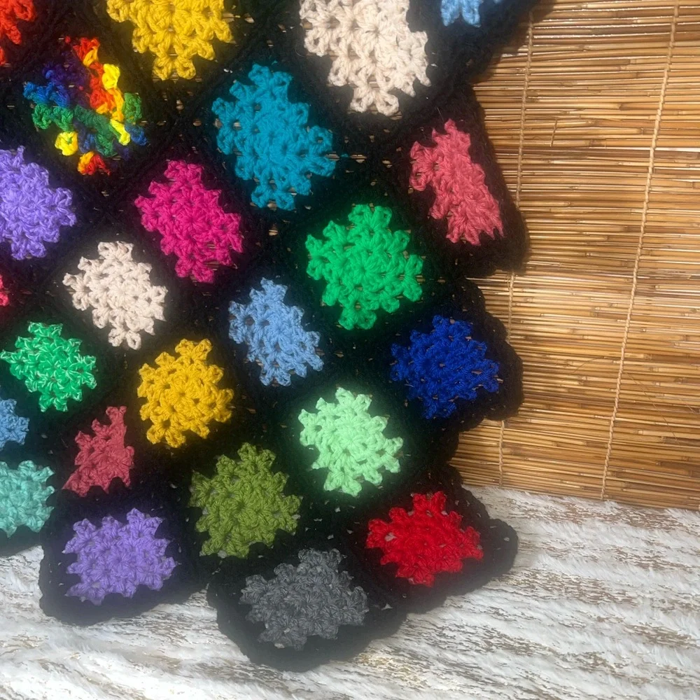 Vtg Crocheted 51X60 Chain Flower Blanket Throw Afghan Black Muti Colored Flowers